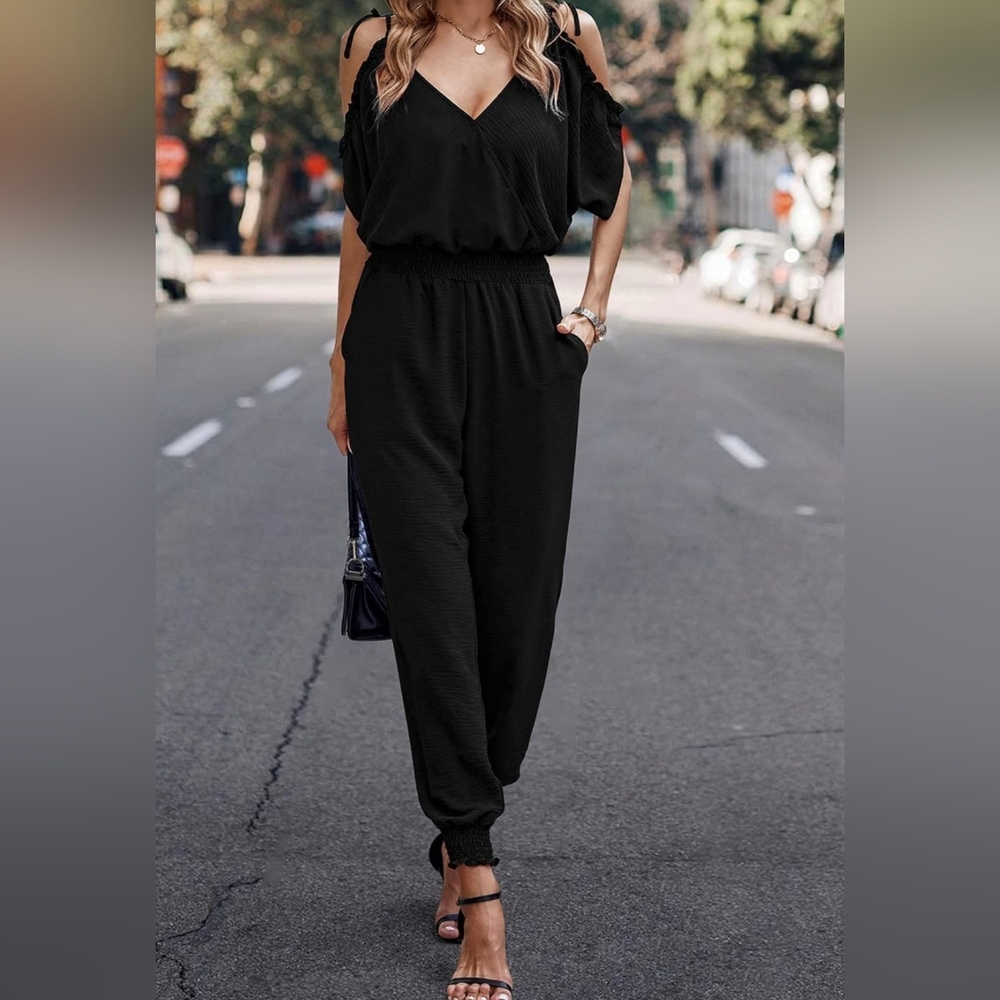 Black Wrap V-Neck, Cold Shoulder, One Piece Outfit, Jumper, Romper Women' Size M